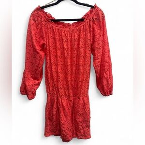 Women's Va Va Voom Coral Red‎ Lace Off-the-Shoulder Romper, Size Large
